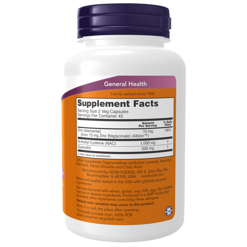 NOW Foods Supplements, NAC Quercetin and Zinc, Immune and Respiratory Support*, 1,000 mg NAC, 500 mg Quercetin, 15 mg Zinc, 90 Veg Capsules - BeesActive Australia
