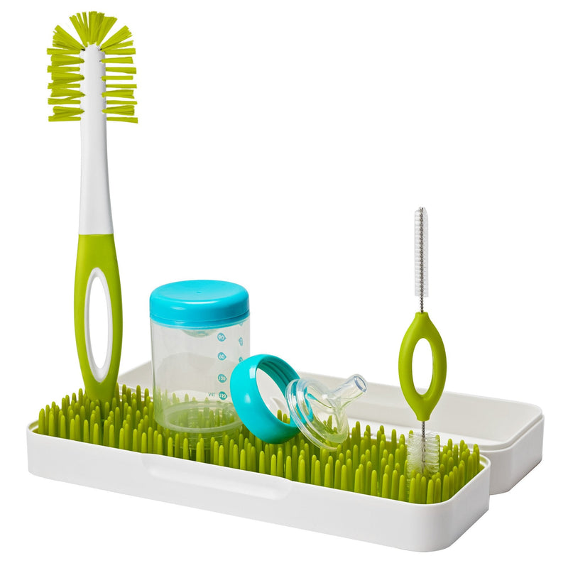 Boon Trip Silicone Travel Bottle Drying Rack - Portable Baby Bottle Drying Rack and Baby Bottle Brush Set - Travel Bottle Cleaner Kit - Baby Travel Essential - Green and White - BeesActive Australia