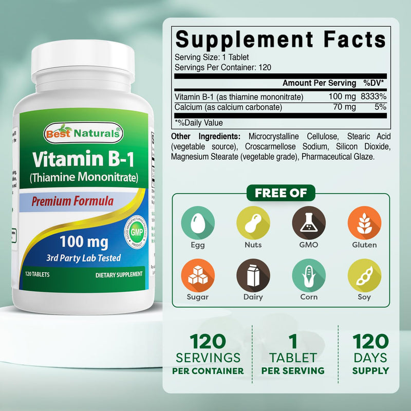 Best Naturals Vitamin B1 as Thiamine Mononitrate 100 mg 120 Tablets (120 Count (Pack of 2)) 120 Count (Pack of 2)