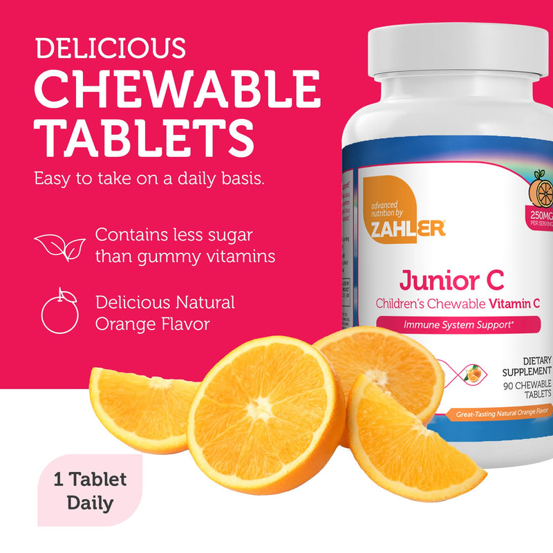 Zahler Junior C Advanced Chewable Vitamin C for Kids - Vitamins in Delicious Orange Flavor - Kosher Kids Vitamin C for Immunity - Chewable Antioxidant - (90 Count) 90 Count (Pack of 1)
