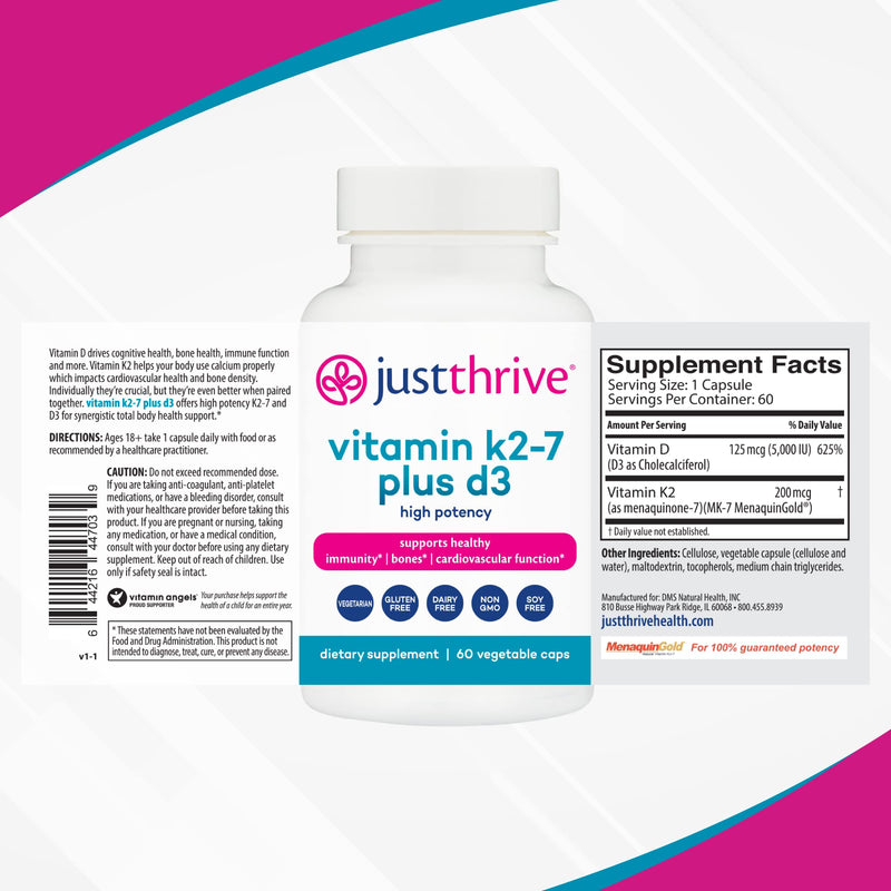 Just Thrive Vitamin K2-7 Plus D3 Supplement for Immune, Heart & Bone Health | 60 vegetable capsules, Vitamin K2-7 plus D3, Supports immune health, cardiovascular wellness, strong bones and daily vitality