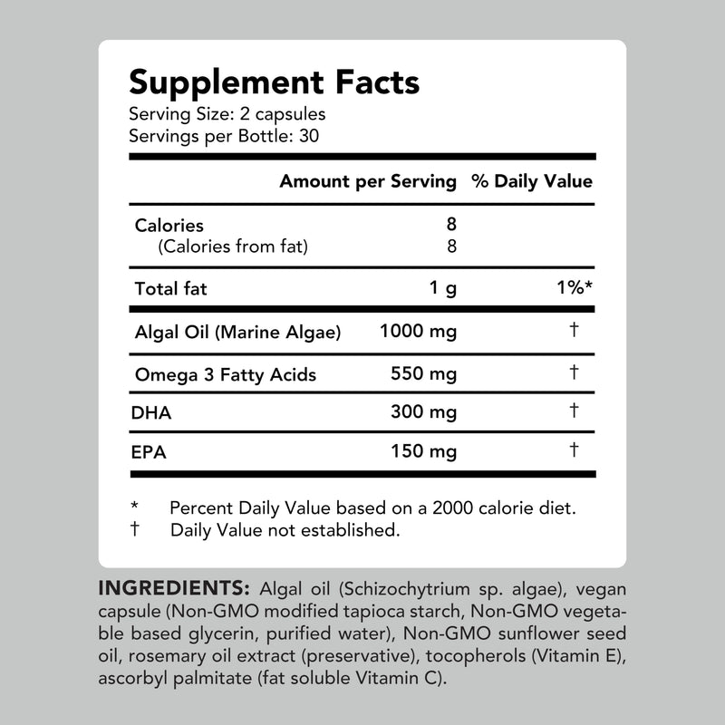 AMANDEAN Vegan Omega-3 Supplement, Algal Oil Algae DHA EPA Softgels, 60ct | Algal oil, plant-based fish oil alternative; vegetarian omega 3, DHA & EPA 60 Count (Pack of 1)
