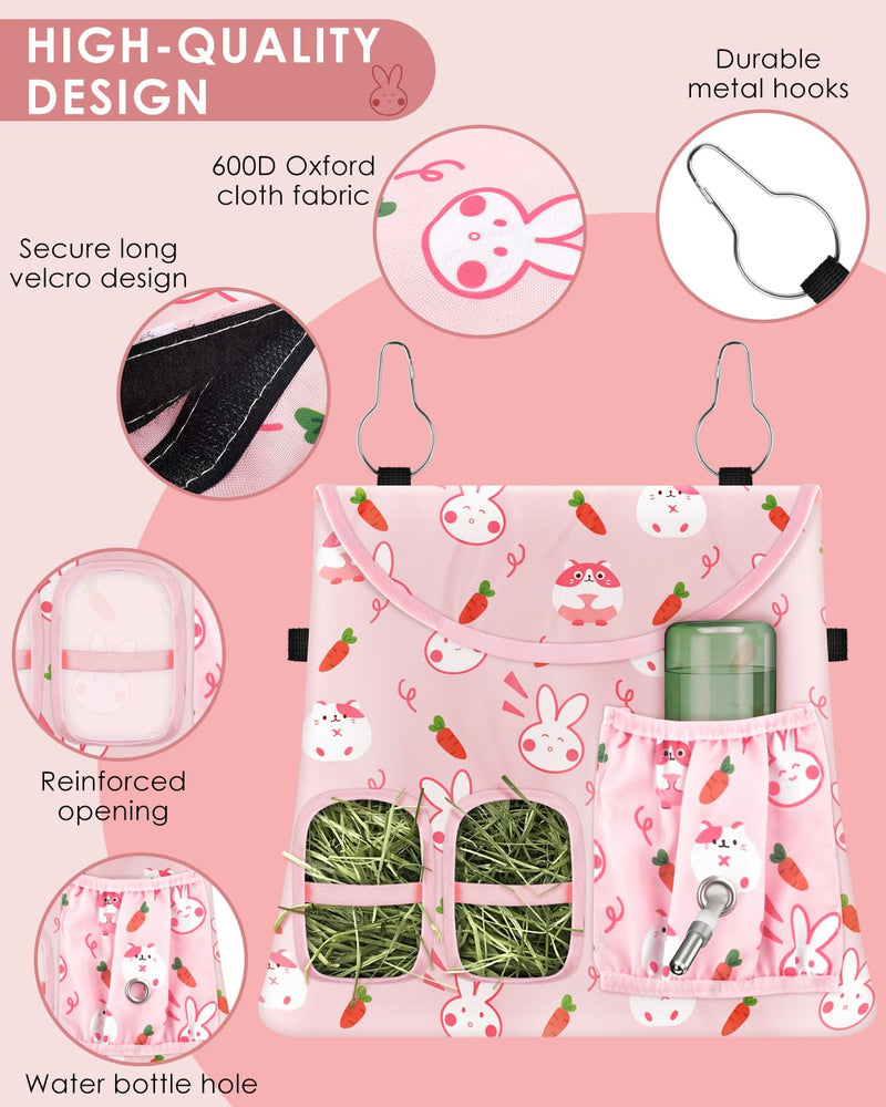 Bissap Rabbit Hay Feeder Bag, 2 Holes Hanging Hay Feeder Guinea Pig Hay Bag with Side Pocket for Rabbits Bunny Chinchillas Hamsters Rats and Other Small Pets Small Animal - S (Pink) ﻿ - BeesActive Australia