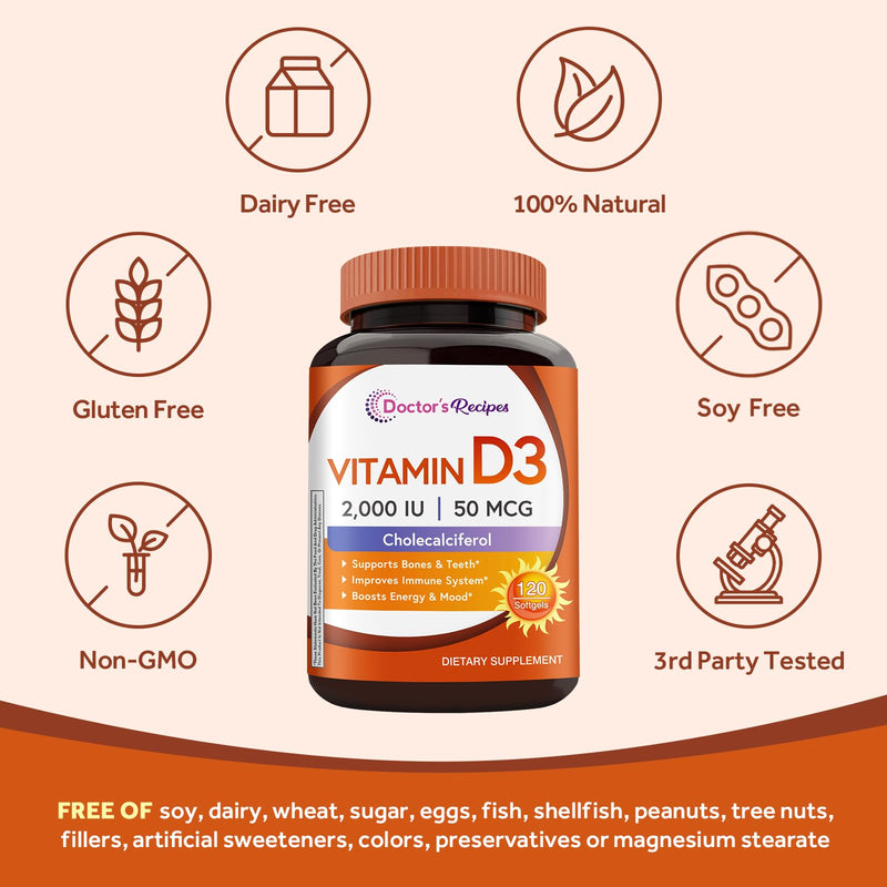 Doctor's Recipes Vitamin D3 2000 IU, Cholecalciferol, 120 Softgels, Non-GMO, Bones, Calcium Absorption, Immune Health, Energy & Mood Support