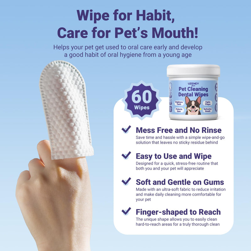 Pet Teeth Cleaning Wipes for Dogs&Cats, 60 pcs Dental Finger Wipes, Larger Sized, Plant Extract Ingredients Refresh Breath & Control Plaque & Protect Gum, Dog Tooth Brushing Kit, Unscented