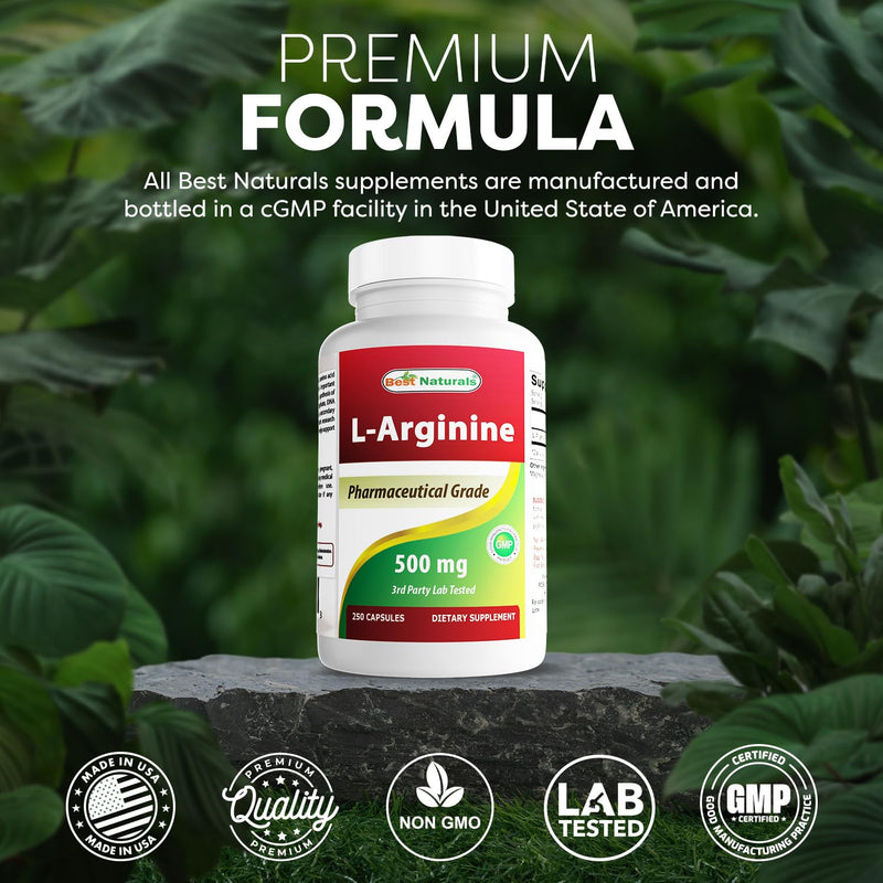 Best Naturals L-Arginine 500mg 250 Capsules - Pharmaceutical Grade L Arginine supplement promotes nitric oxide synthesis 250 Count (Pack of 1)