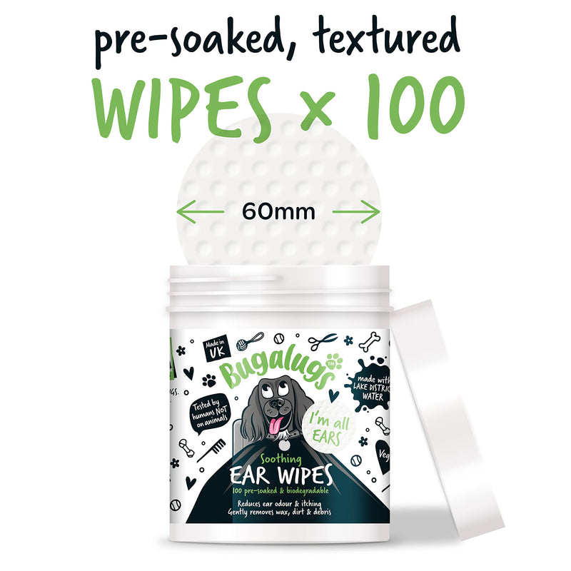 BUGALUGS Dog Ear Cleaner Dog Wipes 100 Biodegradable textured pre-soaked dog ear wipes. Pet Wipes Dog Ear Cleaner Solution Stops Head Shaking, Itching & Waxy Ears