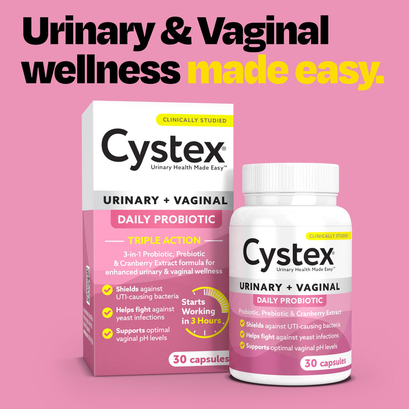 Cystex 3-in-1 Urinary Tract Probiotic for Women - Fast-Acting UTI & Yeast Infection Support with Prebiotics, Probiotics, & Cranberry - Supports Vaginal pH & Flora Balance - 30 Capsules Herbal Supplement