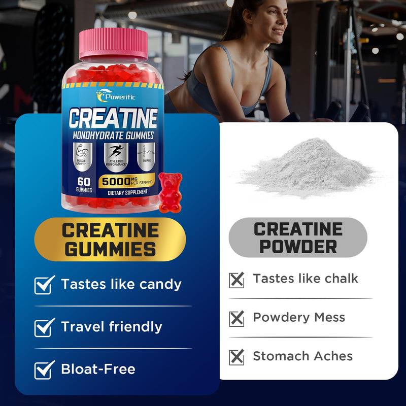 Creatine Monohydrate Gummies, Creatine for Women & Men, Pre Workout Creatine Monohydrate Gummies with Taurine, Vitamin B6 & B12 for Muscle, Strength, Energy, Endurance, Vegan, Organic, 60 Count 60 Count (Pack of 1)