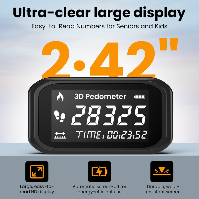 3D Pedometer for Walking, Simple Step Counter with Large Digital Display, Accurate Step Tracker with Lanyard,Clip on Pedometer for Men Women Kids Adults Seniors black