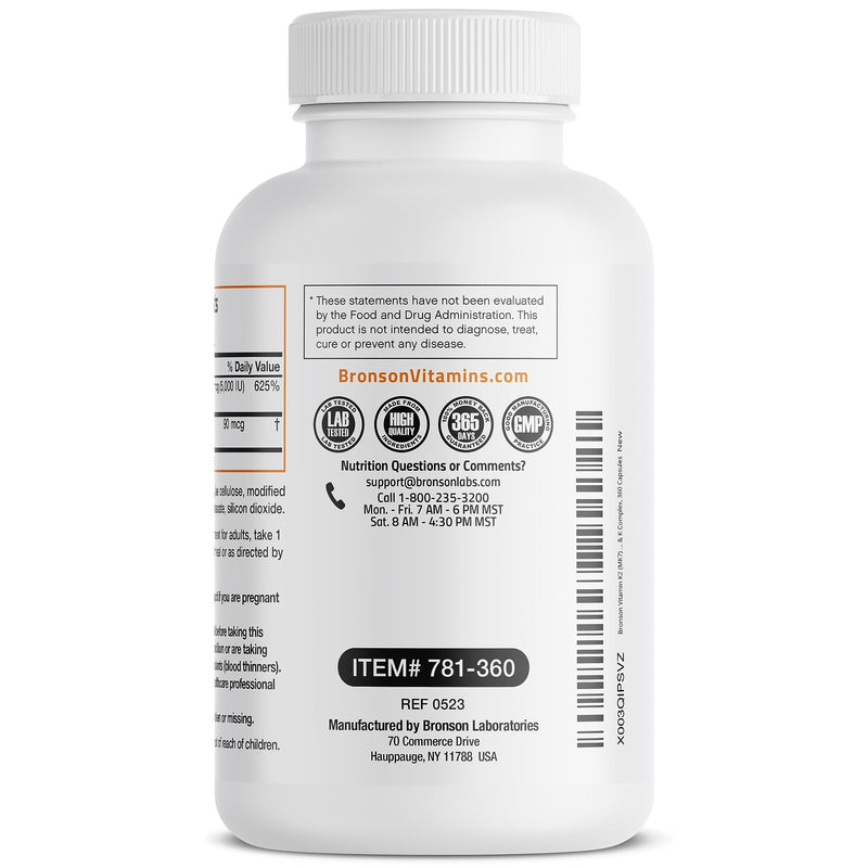 Bronson Vitamin K2 D3 (MK7) Supplement 2-in1 D3 & K2 Complex, 360 Capsules | Bone, Immune & Heart Health Support, Gluten Free, Soy Free, Non-GMO, Vitamin D3 5000IU (125 mcg) & 90 mcg K2 MK-7 360 Count (Pack of 1)