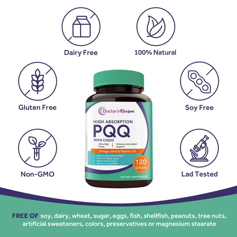 Doctor's Recipes PQQ Supplement 40 mg with CoQ10, Omega 3-6-9 Essential Fatty Acids, Highly Purified and Bioavailable, Brain Energy Heart Health, Pyrroloquinoline Quinone Disodium Salt, 120 Softgels