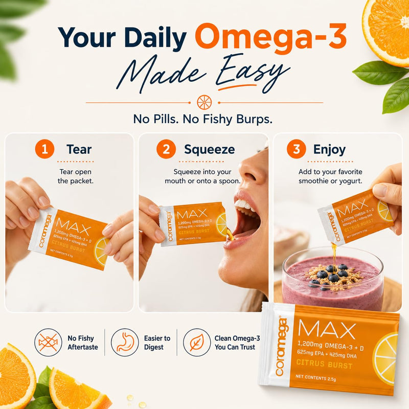 Coromega - MAX Omega-3 Fish Oil + Vitamin D - 30 Packets - Citrus Burst | 2400mg Omega-3s, Wild-Caught Fish Oil, 3X Better Absorption Than Softgels, No Fishy Taste, Daily Squeeze Packets 1 Fl Oz (Pack of 1)