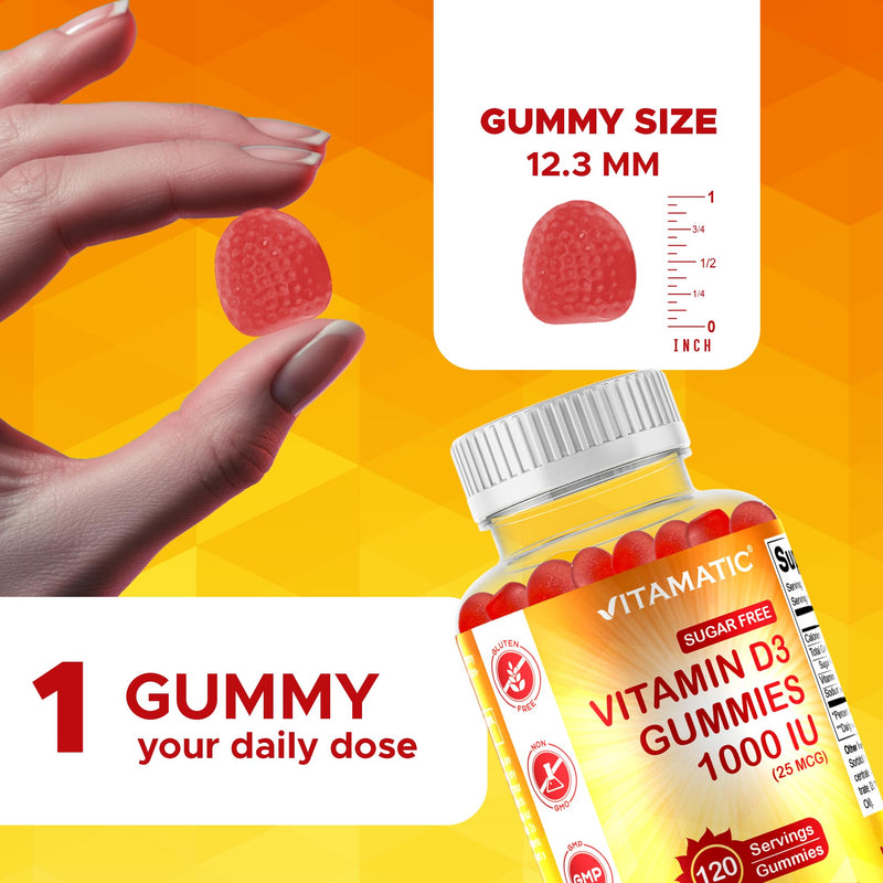 Vitamatic Sugar Free Vitamin D3-120 Pectin Based Gummies - Great Taste - Healthy Bones, Mood & Immune System Function - Non-GMO - 120 Servings (1000 IU) | Natural Strawberry Flavor, Sugar Free, Non GMO, Gluten Free 1000 IU