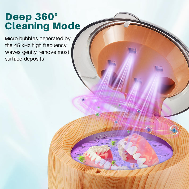 Voraiya Ultrasonic Retainer Cleaner Machine, 360° UV Cleaning Denture Pod, 45kHz Ultrasonic Dental Cleaner Mouth Guard Cleaner for Aligner, Night Guard, Braces, Toothbrush, Jewelry, Ring Wood Color - BeesActive Australia