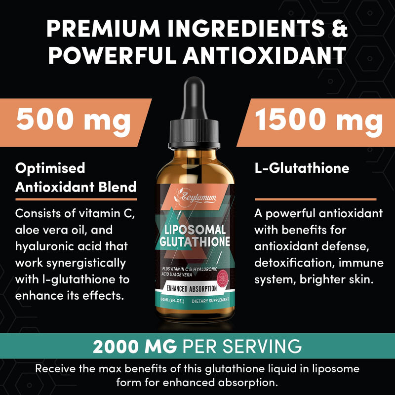 2000MG Liposomal Glutathione Liquid Drops, Ultra High Absorption, Natural Detoxification, Immune System & Skin Supprot*, L-Glutathione, Vitamin C & Hyaluronic Acid, Capsules Alternative, 4.05 OZ 4.05 Fl Oz (Pack of 1)