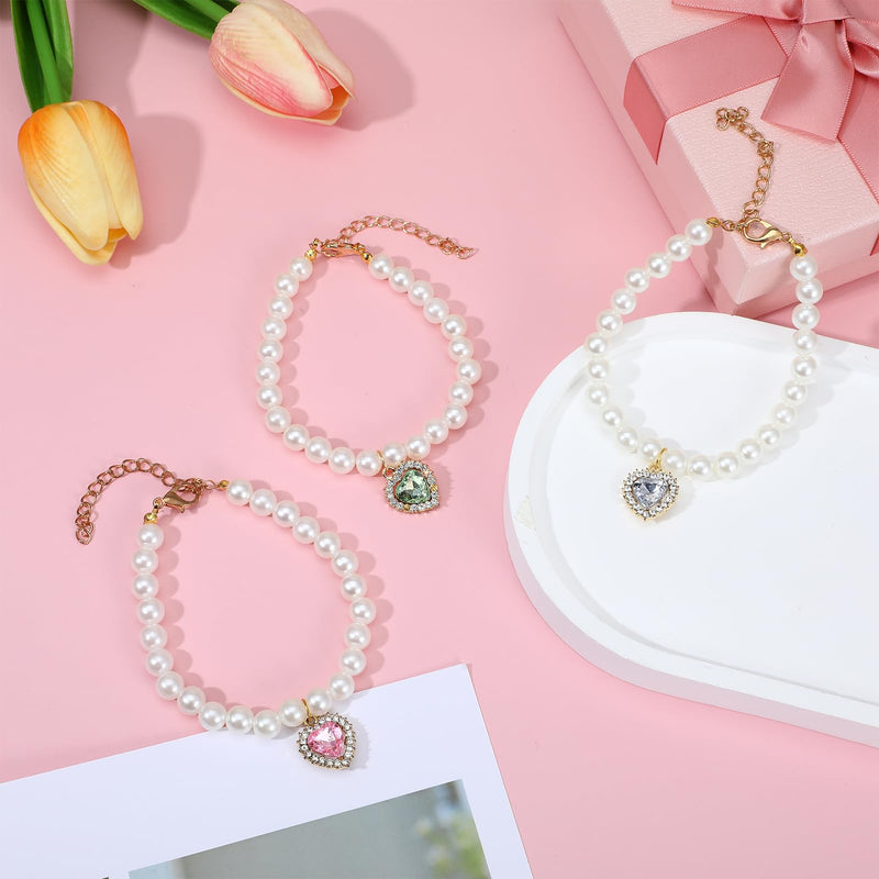 3 Pcs Pearl Cat Collar Adjustable Dog Pearl Necklace Collar Heart Rhinestones Pet Necklace for Pet Wedding Party Birthday Jewelry Accessories Make Your Cats and Dogs More Charming (White Pink Green) - BeesActive Australia