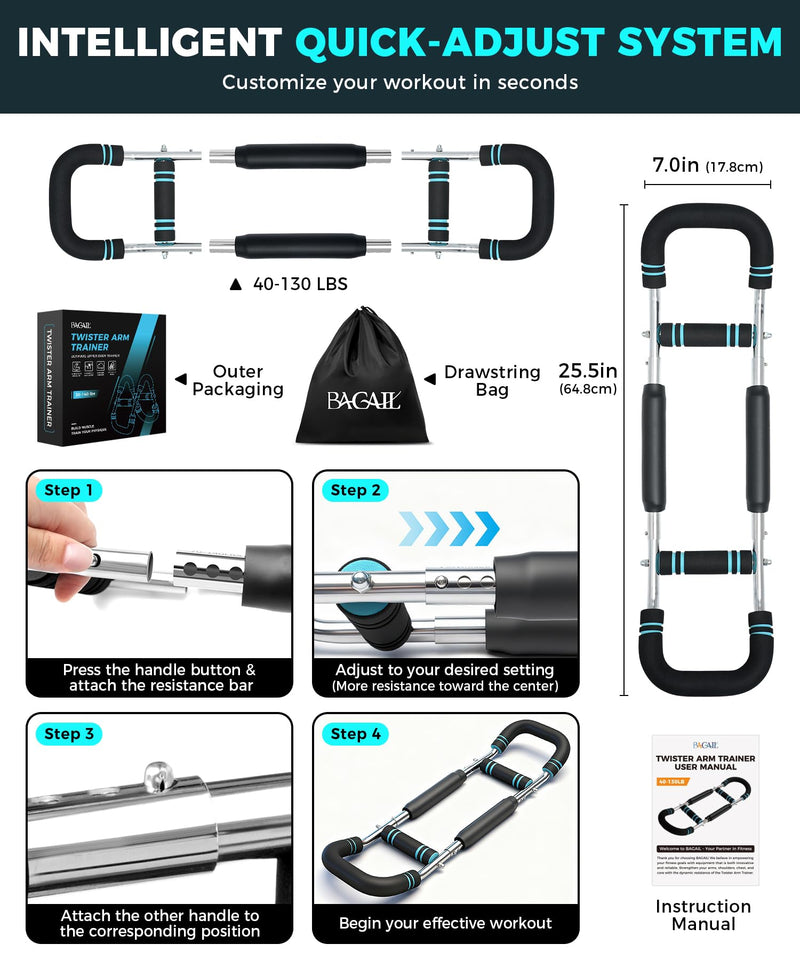 BAGAIL Twister Arm Trainer, 5 or 9 Level Resistance (30-140 lbs) for Chest & Arm Workout, All-in-One Home Gym Strength Training Equipment with Ergonomic Grips & Carry Bag for Men and Women 5 Levels: 40-130 lbs