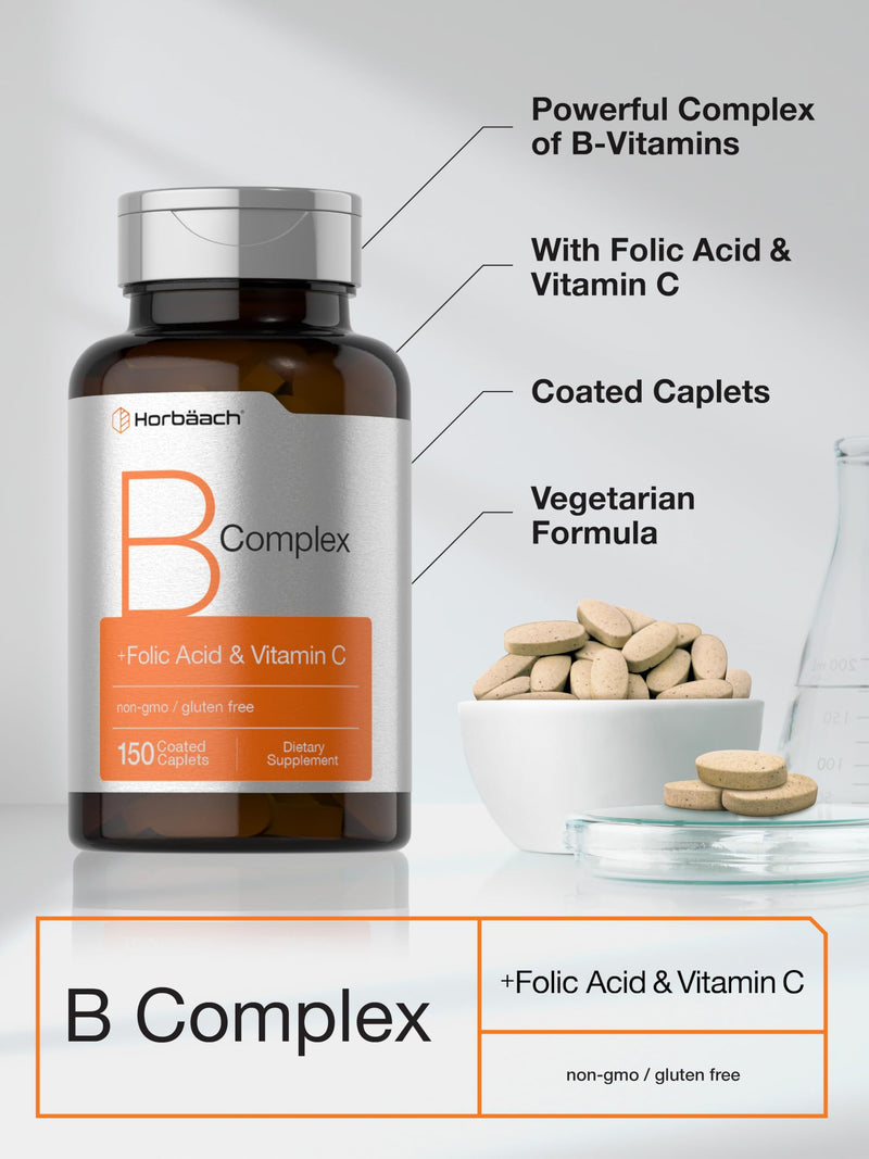 Horbaach B Complex Vitamins for Women and Men | 150 Caplets | With Folic Acid & Vitamin C | Non-GMO & Gluten Free Supplement