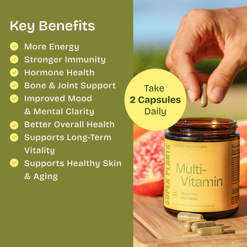 SUPER PLANTS Organic Whole Food Multivitamin - Energy, Immunity and Mood | All Natural, No Synthetics - For Men and Women - Non-GMO Daily Multivitamin (30 Servings)