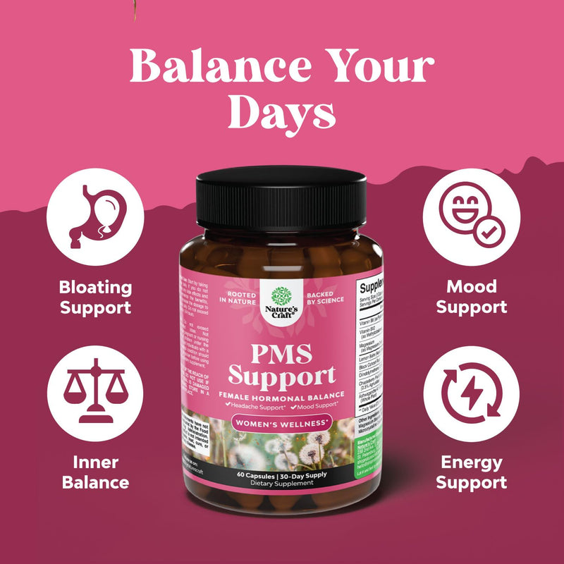 PMS Support Supplement for Women – Hormone Balance for Women & Menstrual Discomfort with DIM, Chasteberry, Black Cohosh & Ashwagandha - for Period Cramps Ease, Menopause Bloating, Mood Swing – 60 Ct 60 Count (Pack of 1)