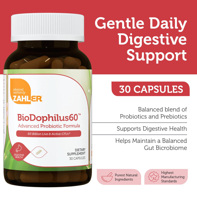 Zahler Biodophilus, 60 Billion Live Cultures Per Serving, Supports Digestive Health,Certified Kosher, 30 Capsules 30 Count (Pack of 1)