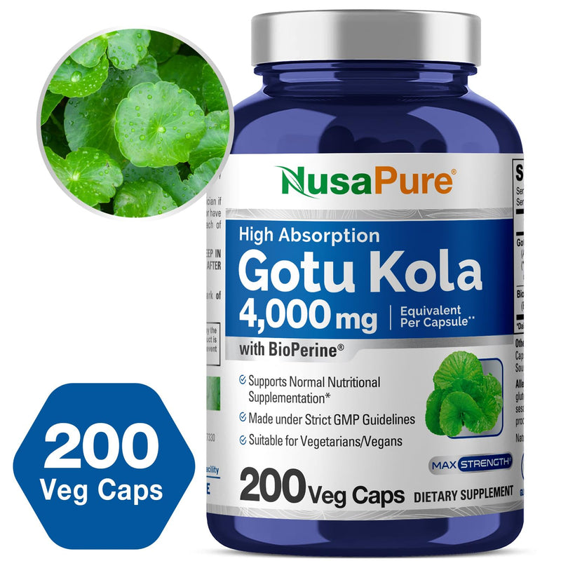 NusaPure Gotu Kola Capsules 20:1 Extract, 200 mg Equivalent to 4000mg Per Veggie Caps, 200 Count, Non-GMO, Vegan, Bioperine - Traditional Herb Extract - BeesActive Australia