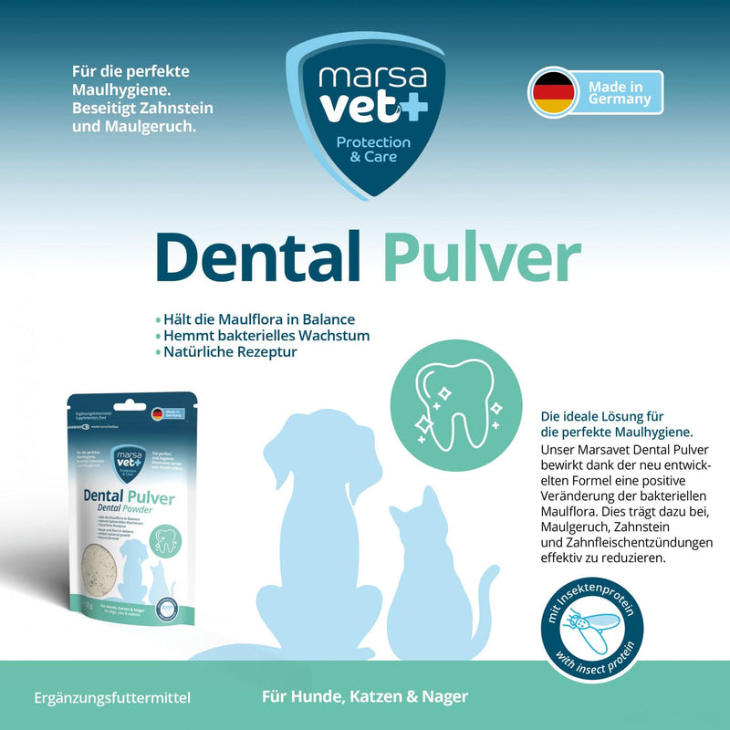 Marsavet Dental Powder - Dental Care for Dogs, Cats, Rodents with Insect Protein, Stress Free, Dog Toothbrush and Toothpaste, Eliminates Tartar, Plaque, Mouth Odour - 125g