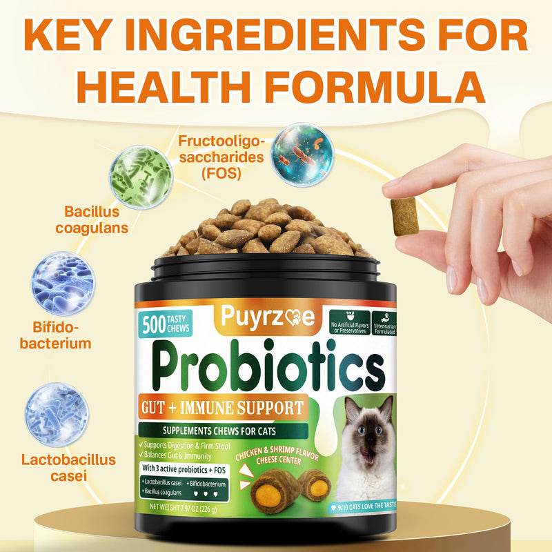 Cat Skin & Coat + Probiotics - 500 Chews Crunchy & Creamy Cheese Core with Omega-3, Vitamins C & E, Biotin for Skin Hydration - Coat Shine, Digestive & Immune Support for All Cats