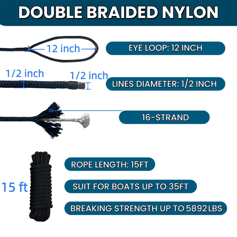 Boat Dock Lines 4 Pack 1/2 in X 15 ft with 12" Eyelet Marine-Grade Double Braided Nylon Boat Lines,Hi-Performance Boat Ropes for Docking and Mooring,Fray Resistant,Easy Handling Black 1/2" x 15' (4 Pack)