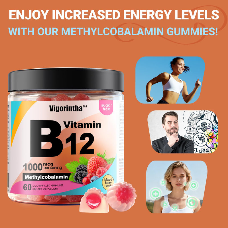 Methyl Vitamin B12 Gummies 1000mcg, Vitamin B12 Methylcobalamin Supplement for Energy & Metabolism, Sugar Free, Vegan, 60 Gummies.