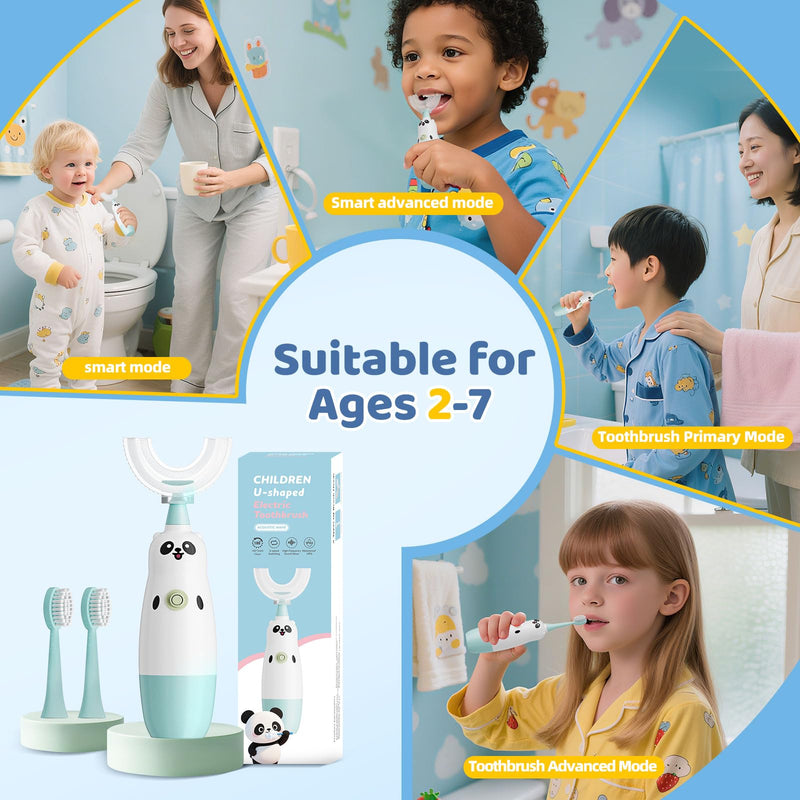 Kids U-Shaped Electric Toothbrush with 2 Brush Heads, Toddlers Sonic with 360 Degree Cleaning, Soft Bristles, Battery Included, IPX7 Waterproof, Cute cartoon for Girls and Boys, Ages 2-7 (Blue) 1 Count (Pack of 1) Age 2-7 Blue