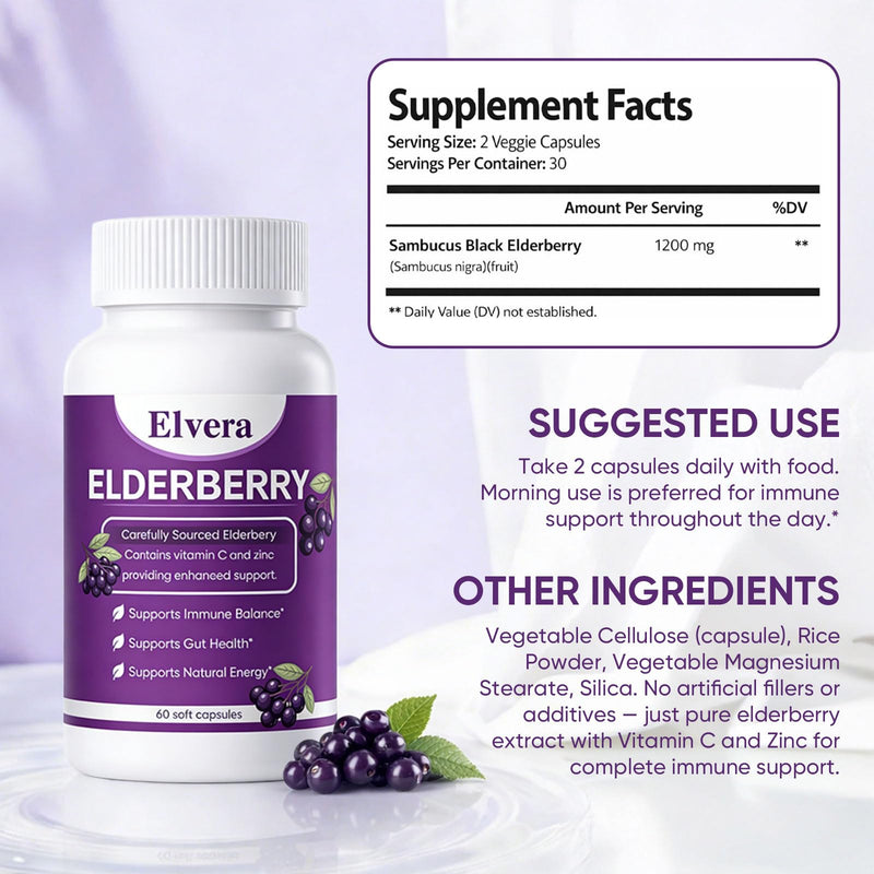 ELVERA Elderberry Gut Support | 1200mg Elderberry Extract, Vitamin C, Zinc | Daily Immune & Gut Support | Vegan, Non-GMO | 60 Capsules A