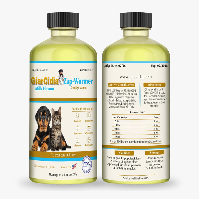 No More Worms in Cats and Dogs- Dewormer for Cats and Dewormer for Dogs - Chicken and Milk Flavours 120 mL / 4 oz Glass Bottle – Includes 3 mL Dropper with Cap (Milk Flavor) Milk Flavor