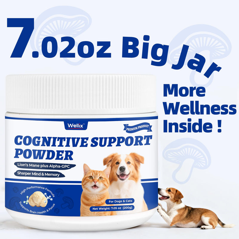 Wellix 7.05oz Natural Cognitive Powder for Senior Dog Supplements - Helps Support Dog Dementia,Boosts Immune System - Lion’s Mane Mushroom,Omega-3,Vitamins for Brain Health Supplements