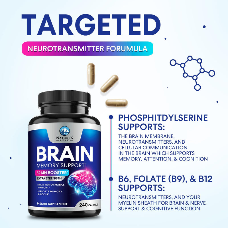 Brain Memory Supplement Pills - 3X Strength Nootropics for Concentration, Clarity & Focus Support - Brain Health Cognitive Vitamins B6 B12 with Folate & Phosphatidylserine, Brain Booster, 240 Capsules 240 Count (Pack of 1)