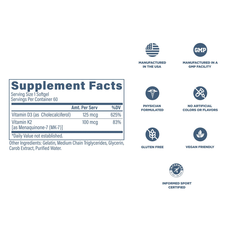 REVIVE MD Vitamin D3 & K2 Supplement for Women & Men, 5000 IU - Physician Formulated K2 & D3 Vitamin Supplement Supports Bone Health & Muscle Strength - Immune & Cardiovascular Support (60 Servings)