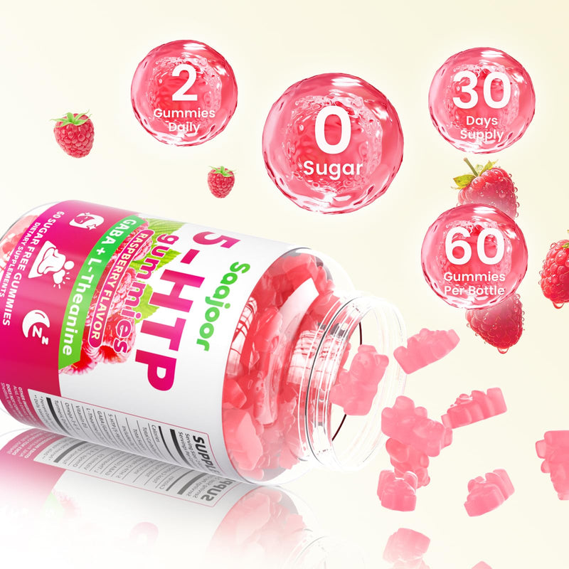 2 Pack 5-HTP 300mg Gummies with GABA + L-Theanine & Vitamin D3, Circadian Rhythm Support for Adults, Raspberry Flavor, 120 Gummies 2pack