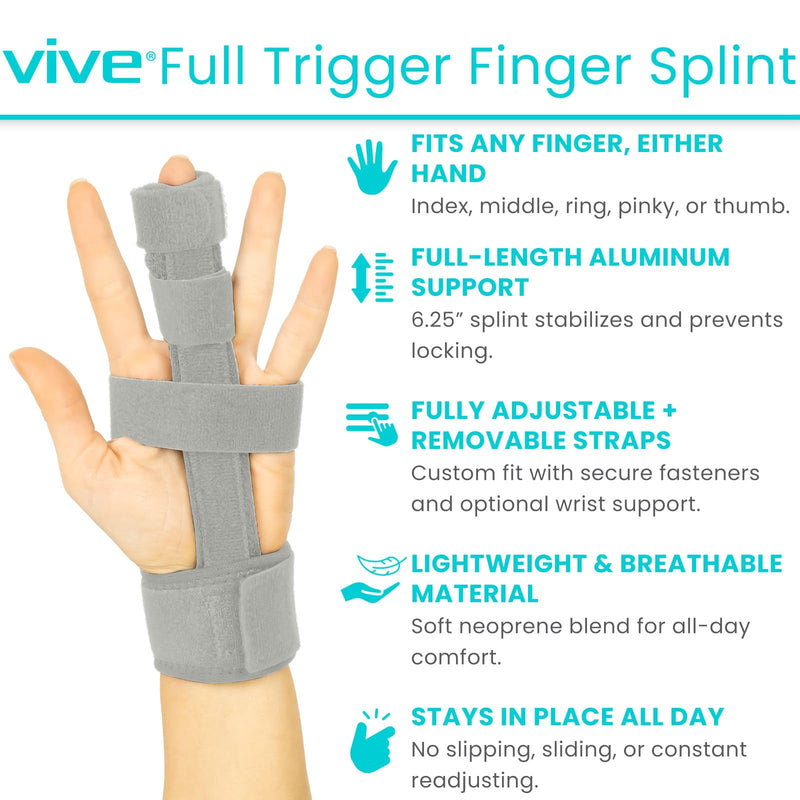 Vive Finger Splints for Trigger Finger - For Broken Fingers, Hand, Middle, Ring, Wrist - Adjustable Brace Support - Locking Straightening Immobilizer for Sprains, Pain Relief, Mallet Injury, Arthritis Grey