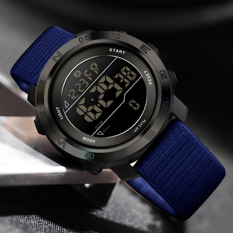 findtime Step Counter Watch No Phone Needed Pedometer for Walking Mens Women's Digital Watches with Calories Distance Alarm Countdown Timer Nylon Strap Blue Black Blue