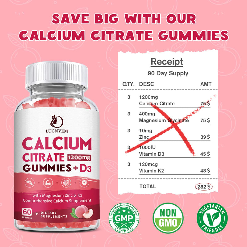 Calcium Citrate 1200mg with Vitamin D3 Supplements Gummies for Women & Men, Calcium Gummies with Vitamin D3 K2, High Absorption for Bone Muscle Healthy- Peach Flavor- 90 Day Supply （3 Pack） 60 Count (Pack of 3)