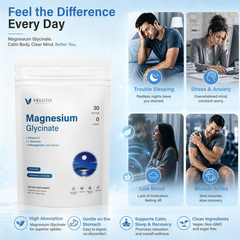VELOTO Magnesium Glycinate Calm Drink Mix, Sugar Free Magnesium Supplement | with L-Theanine, Ashwagandha & Vitamin D3, Calm Powder for Relaxation, Stress Support & Sleep Support,Raspberry Lemon