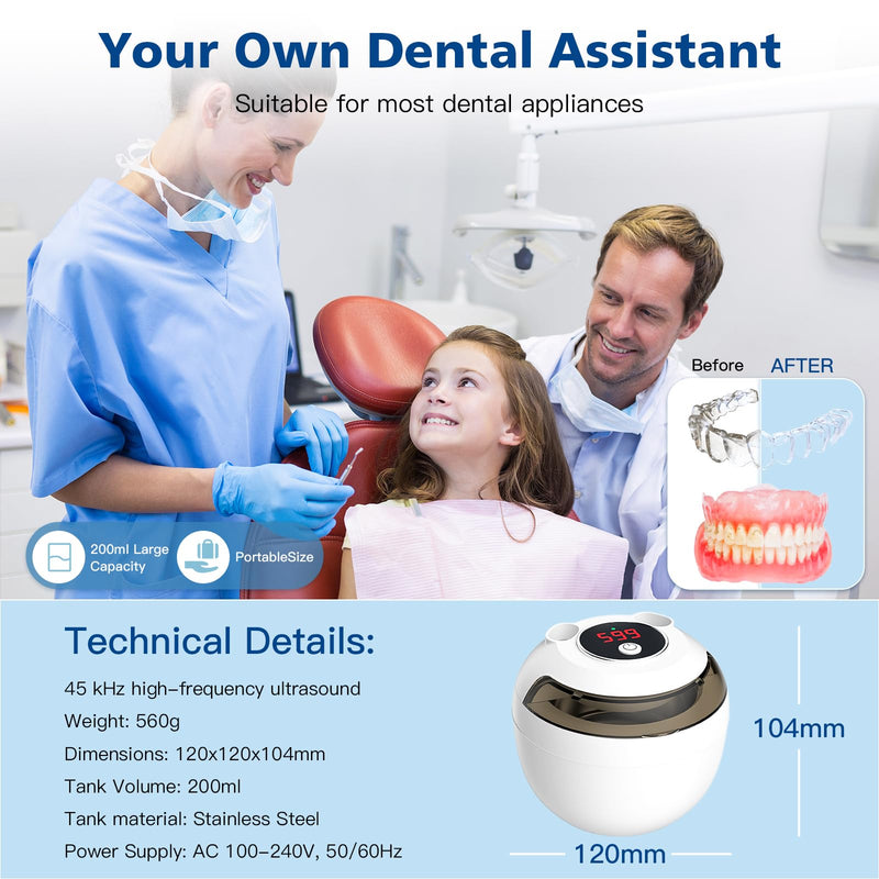 45kHz Retainer Cleaner Machine, 200ML Ultrasonic Dental Cleaning Pod with 4 Modes, Digital Timer, Mouth Guard Cleaner for Denture, Aligner, Braces, Toothbrush, Jewelry and More (White) White