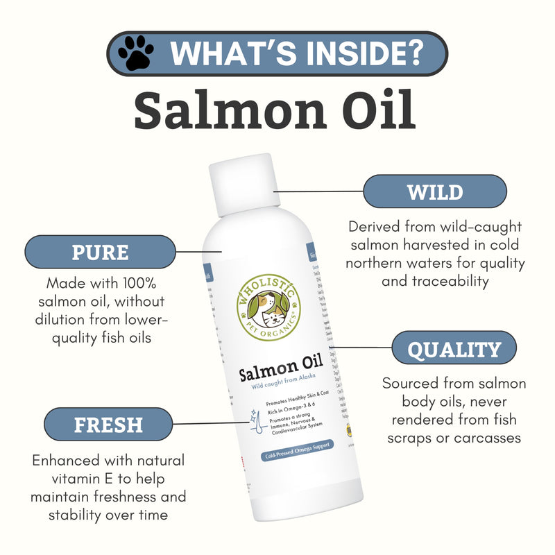 Wholistic Pet Organics Wild Alaskan Salmon Oil for Dogs and Cats - Omega 3 Fish Oil for Dogs & Cats - Cat & Dog Skin and Coat Supplement for Heart, Joints - DHA, EPA Omega 3 Liquid Food Topper - 8 oz