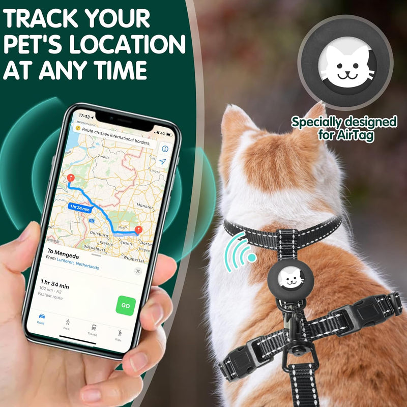 BINGPET Cat Harness and Leash Set Escape Proof for Walking,Adjustable Kitten Harness with Airtag Holder for Small Medium Large Cats,Easy Control Soft Harness with Reflective Stripes(Black Reflective) Neck:8"-12" Chest:12.5"-18" Black Reflective - BeesActive Australia