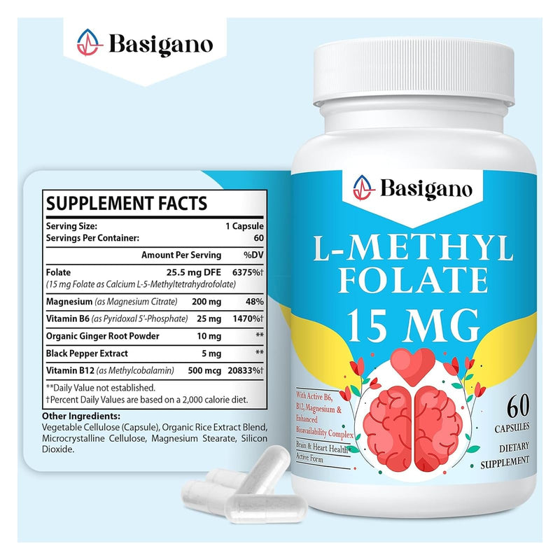 15mg L Methylfolate (5-MTHF)- Active Folic Acid-Enriched with Vitamins B6 and B12-60 Vegetarian Capsules - Non-GMO, Gluten-Free | Active Folic Acid, Enriched with Vitamins B6 and B12, Gluten-Free 60 Count (Pack of 1)
