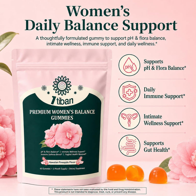 Pineapple Gummies for Women pH Balance, Feminine Probiotics for Vaginigal Health, Nutrition Feminine Gummies, Immune Support, Vegan, Gluten-Free, Hawaiian Pineapple 60 Gummies 30 Servings Pink