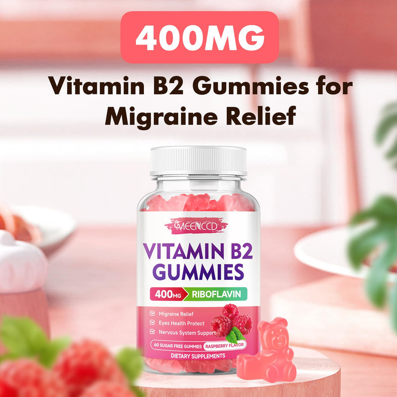 MEENCCD 2 Pack Vitamin B2 Gummies Riboflavin 400mg Supplement with Magnesium for Kids & Adults, B2 Gummies for Migraine Relief Support, Vegan, Sugar-Free, Raspberry Flavor, 120 Count 60 Count (Pack of 2)