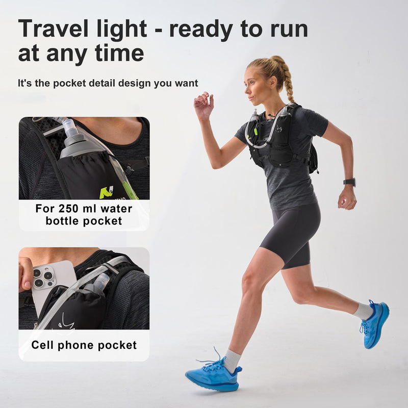 Running Vest with Water Bladder 1.5 Liter, Small Hydration Water Vest, Lightweight Hydration Pack Multi-Pocket 11x - for Hiking Race Trail Marathon for Women Men Black