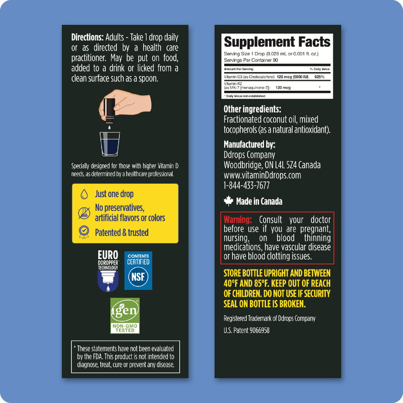 Ddrops Extra Strength 5000 IU Vitamin D3 + K2 90 Drops - Liquid Vitamin D3 & K2 (MK7) Supplement. Supporting Strong Bones, Immune System and Cardiovascular Health. 0.06 Fl Oz (Pack of 1)